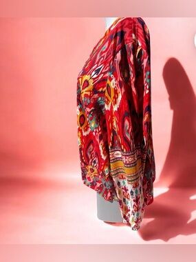 Bello Boho. Vibrant Red Multi-Pattern Women's Boatneck Blouse. Size XL.